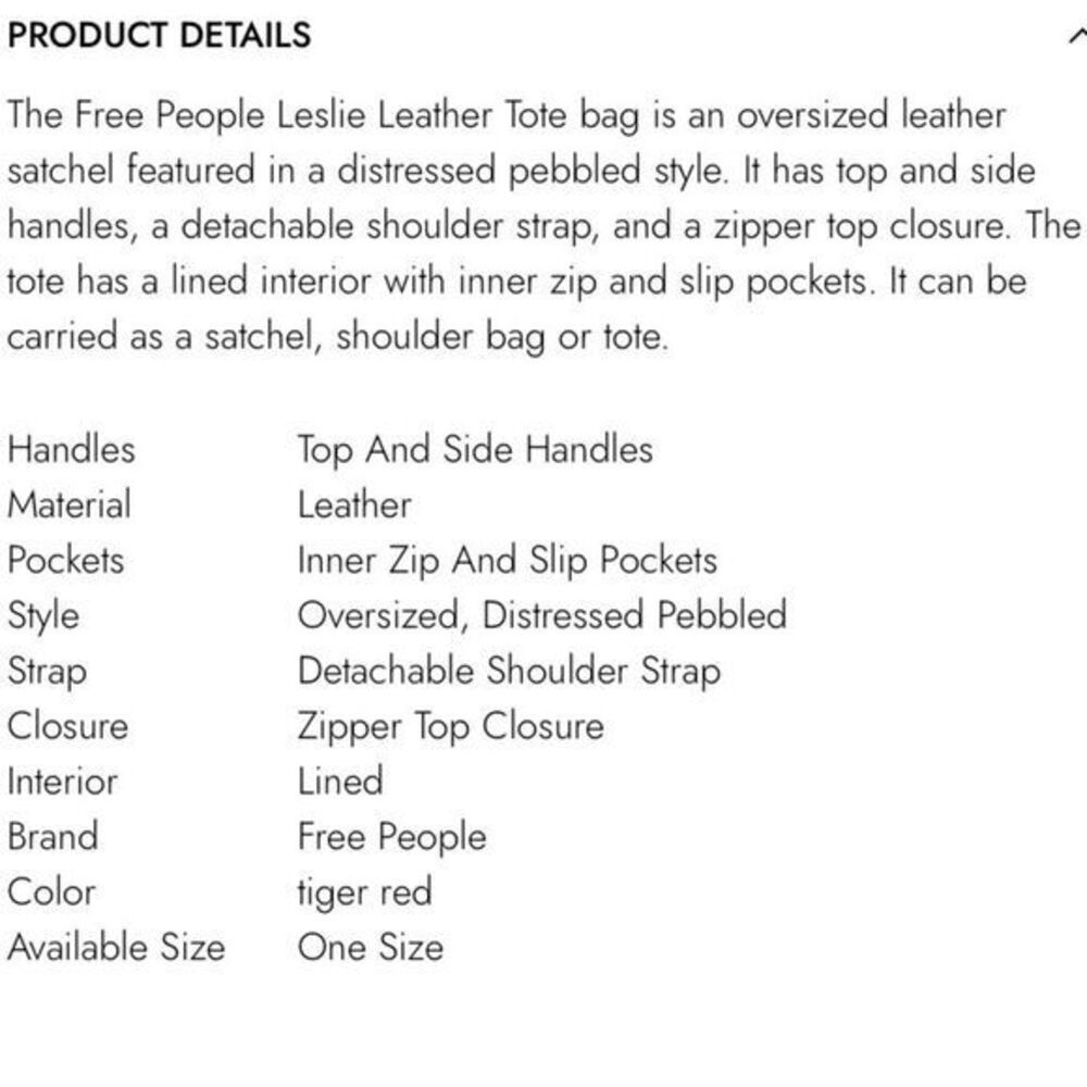 FREE‎ PEOPLE Leslie Leather Tote Tiger Red Bag - Picture 16 of 16